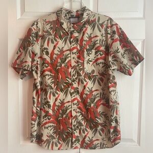 Columbia Men’s Tan & Red Floral Print Button Up Shirt Size Large Regular Fit